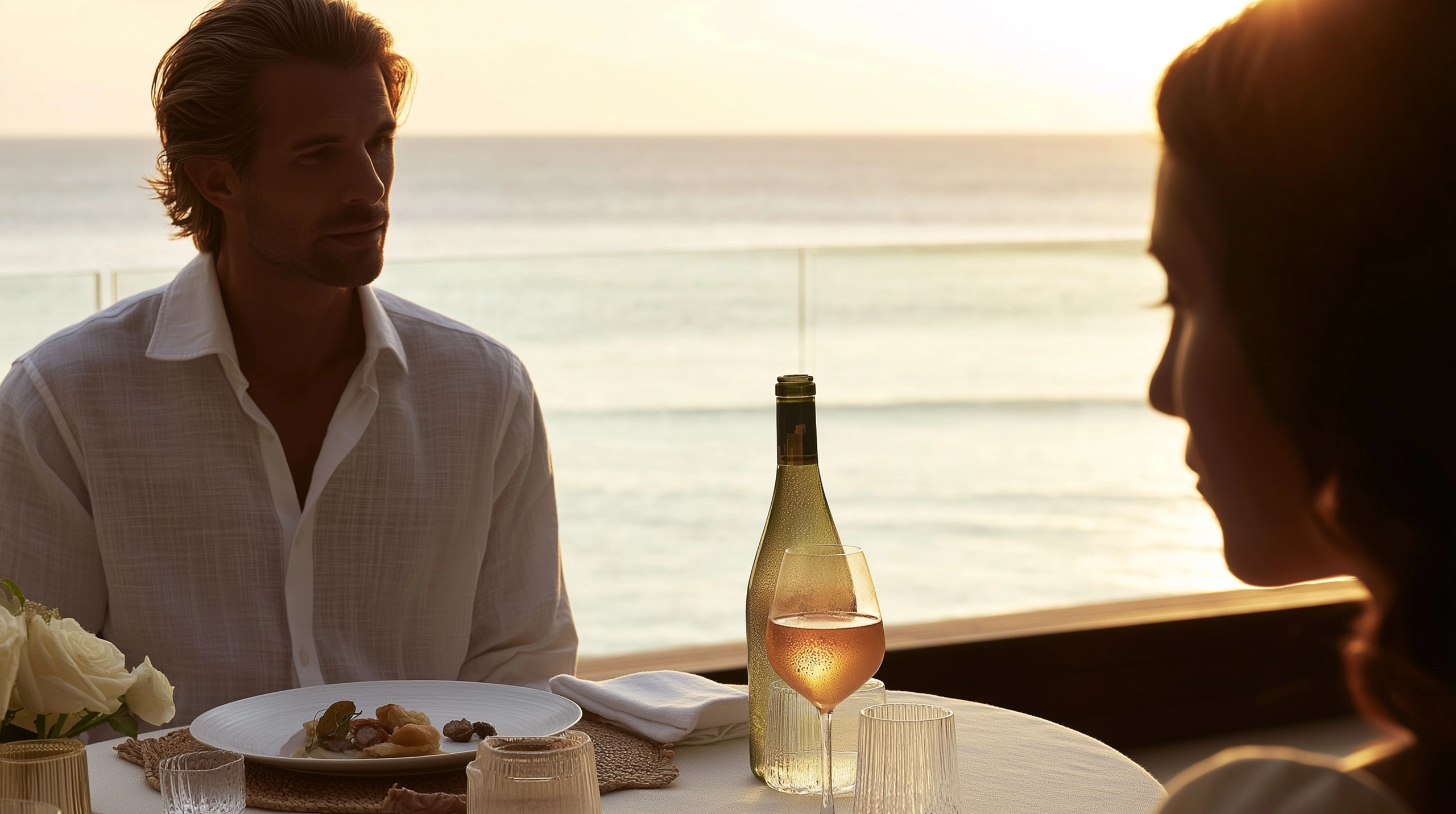 Refined oceanside dinner scene at golden hour